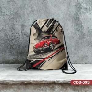 Vintage V-Dub Velocity drawstring bag showcasing a dynamic, artistic sketch-style print of a classic red Volkswagen Beetle in motion against a textured background