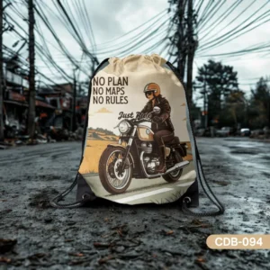 pen Road Rebel drawstring bag featuring a vintage-style illustration of a motorcycle rider on an open road with the inspirational quote 'NO PLAN NO MAPS NO RULES Just Ride'.