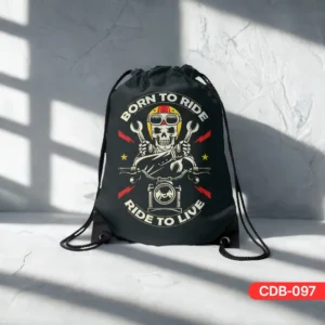 Black Highway Heartbeat Drawstring Bag (CDB-097) featuring a "Born to Ride, Ride to Live" skull and motorcycle graphic, displayed on a textured surface with shadows.