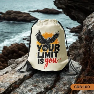"Skyward Spirit drawstring bag with an eagle and 'Your Only Limit Is You' quote, resting on coastal rocks with the ocean in the background."