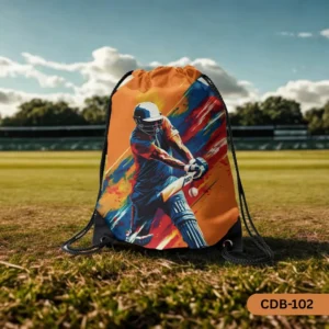 The Striker's Splash drawstring bag featuring an artistic depiction of a cricketer batting, set against a cricket field backdrop."