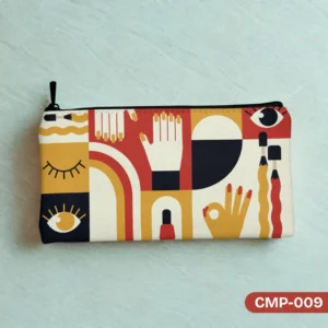 Hand & Harmony Makeup Pouch (CMP-009) with a vibrant graphic art print featuring stylized eyes, hands, rainbows, nail polish, and makeup brushes in mustard yellow, red, navy, and beige, displayed flat on a light teal textured background.