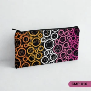 "CMP-016 Retro Rings Makeup Pouch showcasing a vibrant pattern of overlapping orange, yellow, white, and pink circles on a black background, with a black zipper, angled slightly on a light grey surface."