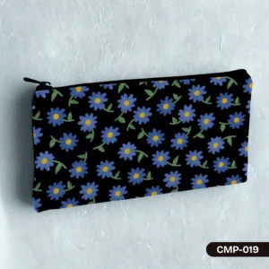 Midnight Daisy Makeup Pouch (CMP-019) showcasing its vibrant blue retro daisies on a black background, a fun and stylish accessory.