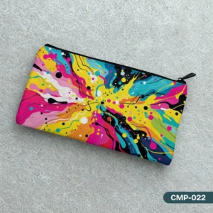 Kinetic Splash Makeup Pouch (CMP-022) featuring a vibrant explosion of abstract colors like neon pink, yellow, and teal, showcasing its energetic design.