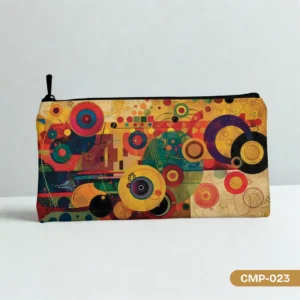 Geo Rhythm Makeup Pouch (CMP-023) featuring a retro abstract geometric design with warm, rich colors like ochre, red, and teal, showcasing its artistic style.