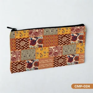 Bohemian Tapestry Makeup Pouch (CMP-024) featuring a rich patchwork design with earthy tones like terracotta, mustard, and burgundy, evoking a global artisan feel.