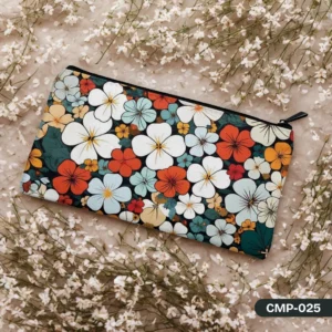 Marigold Meadow Makeup Pouch (CMP-025) featuring a vibrant retro floral print with warm colors like orange, yellow, teal, and cream, displayed with delicate white flowers.