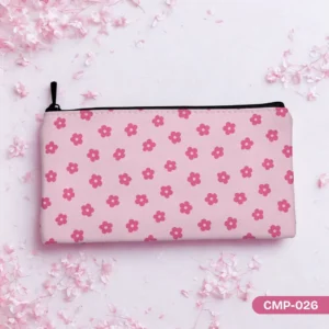 Sweet Petal Makeup Pouch (CMP-026) featuring a cute ditsy print of small pink flowers on a light pink background, displayed with delicate pink blossoms.
