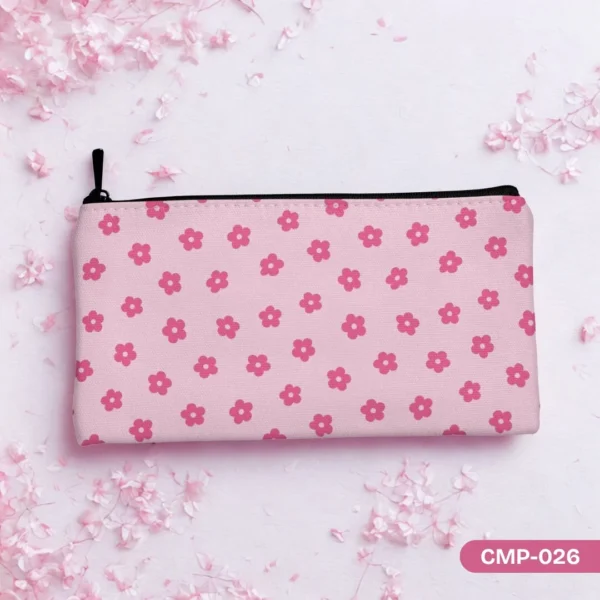 Sweet Petal Makeup Pouch (CMP-026) featuring a cute ditsy print of small pink flowers on a light pink background, displayed with delicate pink blossoms.