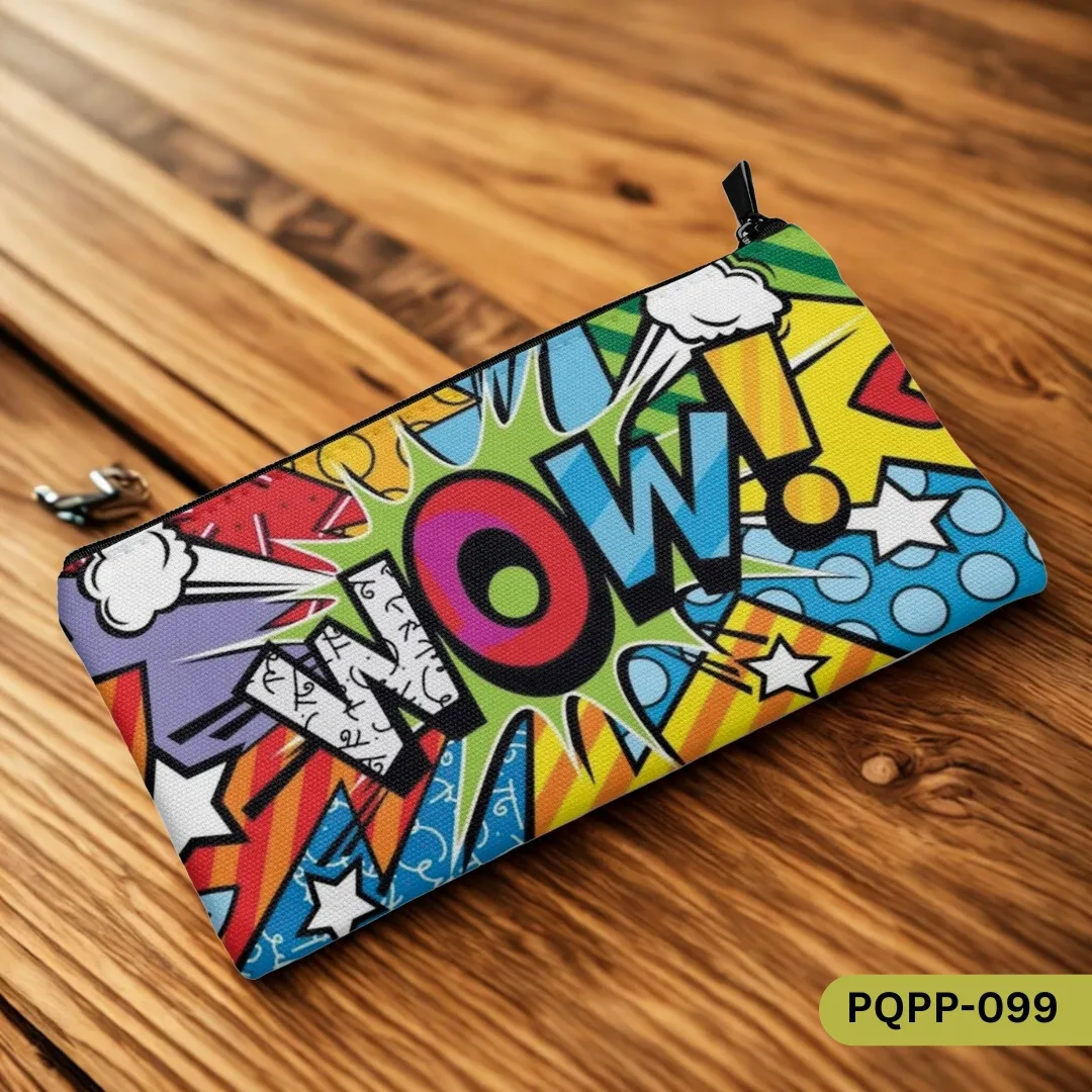 "PQPP-099 The WOW! Pencil Pouch featuring a vibrant comic book pop art design with the word 'WOW!' prominently displayed, resting on a wooden surface."