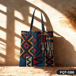 Ajrak Nova Tote Bag (PQT-086) featuring a vibrant geometric and tribal-inspired patchwork pattern in black, orange, red, blue, and cream, with black handles, displayed upright on a textured beige woven surface against a sunlit earthy brown wall with pampas grass.