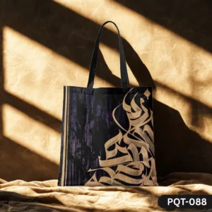 CalligraVibe Tote Bag (PQT-088) featuring a dark textured background with elegant golden Arabic or abstract calligraphy art, and black handles, displayed upright on a draped beige fabric against a sunlit earthy brown textured wall.