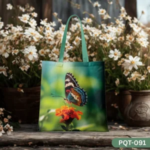 Whispering Wings Tote Bag (PQT-091) featuring a vibrant photorealistic print of a colorful butterfly (blue, orange, red, black, white) on an orange flower, set against a blurred green and teal background, with teal handles, displayed upright on a rustic wooden surface in front of potted white flowers.