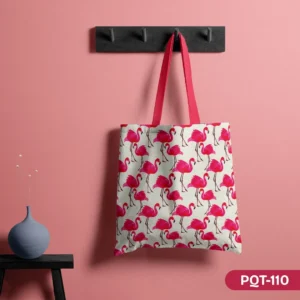"Flamingo Fiesta Tote Bag with All-Over Pink Flamingo Print on Light Background PQT-110", "Tropical Bird Themed Shopping Bag featuring Cheerful Pink Flamingos Design", "Durable Polyester Tote Bag with Fun Summer Flamingo Pattern PQT-110".
