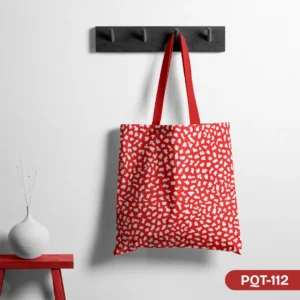 "Cherry Pop Tote Bag with Red and White Abstract Spotted Pattern Print PQT-112", "Vibrant Red Shopping Bag featuring Playful White Confetti-Like Spots Design", "Durable Polyester Tote Bag with Fun Red and White Dot Pattern PQT-112".