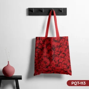 "Velvet Rose Tote Bag with All-Over Deep Red Rose Floral Print PQT-113", "Luxurious Red Shopping Bag featuring Dense Pattern of Velvety Roses Design", "Durable Polyester Tote Bag with Romantic Red Rose Art PQT-113".