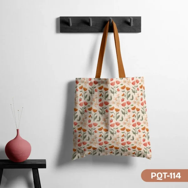 "Cottage Bloom Carryall Tote Bag with Rustic Wildflower Pattern Print on Cream Background PQT-114", "Charming Floral Shopping Bag featuring Orange Pink Yellow Wildflowers Design", "Durable Polyester Tote Bag with Country Cottage Floral Art and Brown Handles PQT-114".