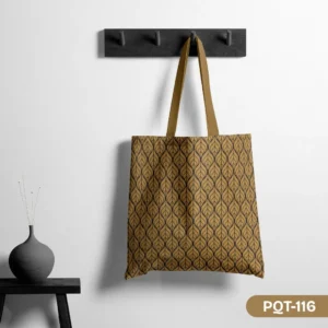 Organic Flow Tote Bag with Art Deco Leaf Pattern Print in Brown and Black PQT-116, Earthy Tone Stylish Shopping Bag featuring Geometric Repeating Leaf Design, Durable Polyester Tote Bag with Elegant Art Nouveau Inspired Botanical Pattern PQT-116, Brown and Black Tote Bag with Tan Handles and Organic Leaf Motif PQT-116