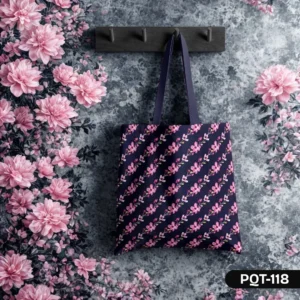 Midnight Blossom Trail Tote Bag with Pink Floral Vine Pattern on Dark Blue Background PQT-118, Elegant Navy Shopping Bag featuring Delicate Pink Cherry Blossom Trails Design, Durable Polyester Tote Bag with Feminine Floral Stripe Art PQT-118, Dark Blue Tote Bag with Pink Flowers and Green Leaves Diagonal Stripe Print PQT-118