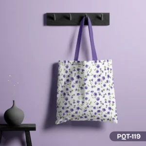 Lavender Meadow Tote Bag with Dainty Purple Floral Print on White Background PQT-119, White Shopping Bag featuring Small Purple Flowers and Green Leaves Pattern Design, Durable Polyester Tote Bag with Delicate Lavender Wildflower Art PQT-119, White Tote Bag with Purple Flowers and Purple Handles PQT-119