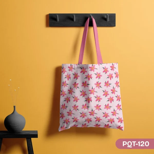 Summer Lily Bliss Tote Bag with Pink Lily Floral Print on Light Background PQT-120, White Shopping Bag featuring Cheerful Pink Star Lilies Pattern Design, Durable Polyester Tote Bag with Bright Summer Flower Art PQT-120, Light Pink Tote Bag with Pink Lilies and Pink Handles PQT-120