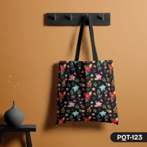 Festive Folk Floral Tote Bag with Colorful Flower Print on Black Background PQT-123, Black Shopping Bag featuring Vibrant Red Pink Blue Orange Folk Art Flowers Design, Durable Polyester Tote Bag with Cheerful Folkloric Floral Pattern PQT-123, Black Tote Bag with Bright Multi-Color Flowers and Green Leaves Print PQT-123