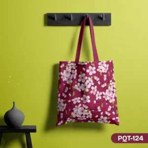 Magenta Bloom Serenade Tote Bag with White and Pink Cherry Blossom Floral Print PQT-124, Rich Magenta Shopping Bag featuring Delicate Spring Blossom Pattern Design, Durable Polyester Tote Bag with Japanese Style Floral Art PQT-124, Deep Pink Tote Bag with White Flowers and Dark Pink Handles PQT-124