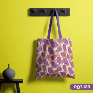 Groovy Grape & Sunshine Swirl Tote Bag with Purple and Yellow Paisley Swirl Print PQT-125, Cream Shopping Bag featuring Retro Psychedelic Leaf Pattern Design, Durable Polyester Tote Bag with Groovy Purple and Orange Abstract Art PQT-125, Light Background Tote Bag with Purple Handles and Abstract Swirl Pattern PQT-125