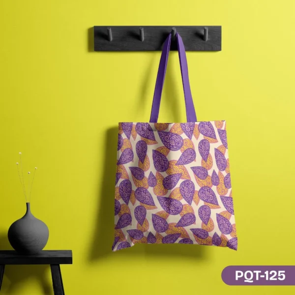 Groovy Grape & Sunshine Swirl Tote Bag with Purple and Yellow Paisley Swirl Print PQT-125, Cream Shopping Bag featuring Retro Psychedelic Leaf Pattern Design, Durable Polyester Tote Bag with Groovy Purple and Orange Abstract Art PQT-125, Light Background Tote Bag with Purple Handles and Abstract Swirl Pattern PQT-125