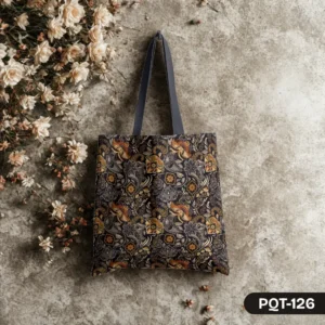 Gilded Shadow Paisley Tote Bag with Intricate Gold Copper and Grey Floral Print on Dark Background PQT-126, Luxurious Dark Shopping Bag featuring Ornate Traditional Paisley Pattern Design, Durable Polyester Tote Bag with Rich Metallic Tone Paisley Art PQT-126, Black Tote Bag with Gold and Copper Paisley and Floral Motifs PQT-126