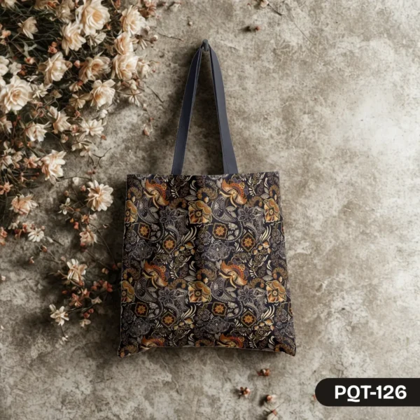 Gilded Shadow Paisley Tote Bag with Intricate Gold Copper and Grey Floral Print on Dark Background PQT-126, Luxurious Dark Shopping Bag featuring Ornate Traditional Paisley Pattern Design, Durable Polyester Tote Bag with Rich Metallic Tone Paisley Art PQT-126, Black Tote Bag with Gold and Copper Paisley and Floral Motifs PQT-126