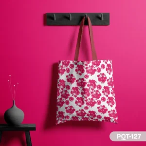 Fuchsia Fiesta Tote Bag with Bright Pink Floral Cluster Print on White Background PQT-127, White Shopping Bag featuring Vibrant Fuchsia Flower Pattern Design, Durable Polyester Tote Bag with Cheerful Pink Botanical Art PQT-127, White Tote Bag with Hot Pink Flowers and Dark Pink Handles PQT-127