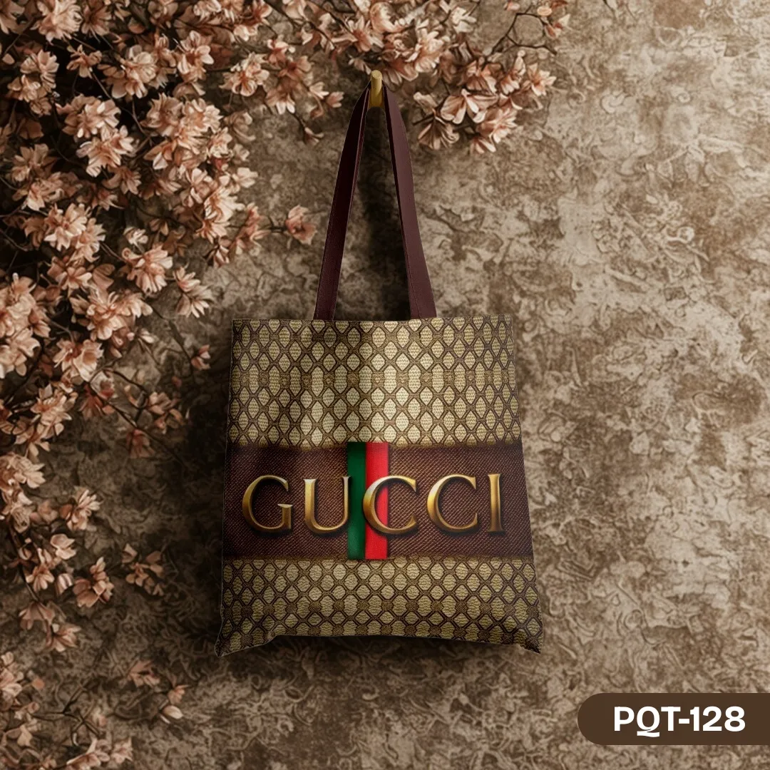 Moda Classica Tote Bag with Designer Inspired Monogram Print and Stripe PQT-128, Brown Shopping Bag featuring Luxury Fashion Brand Style GUCCI Lettering and Pattern, Durable Polyester Tote Bag with Iconic Green Red Stripe and Monogram PQT-128, Brown Tote Bag with Dark Brown Handles and Classic Fashion House Design PQT-128