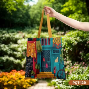 "Hand holding The Cozy Corner Tote Bag (PQT-129) featuring a charming illustrated house scene with a cat and bicycle against a blurred garden background."