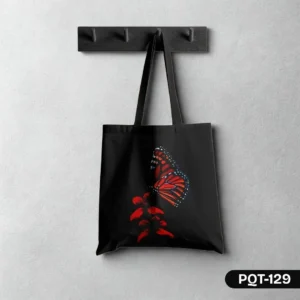 "Firebloom Butterfly Tote Bag with Monarch Butterfly and Red Foliage on Black Background Print PQT-129", "Elegant Black Tote Bag featuring Orange Red Butterfly and Fiery Leaves Design", "Durable Polyester Shopping Bag with Striking Butterfly Floral Art PQT-129".