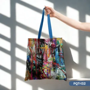 Hand confidently holding the electrifying Afterlight Tote Bag (PQT-132), showcasing its vibrant abstract graffiti art print and cool blue straps, set against a modern white wall with artistic window shadows