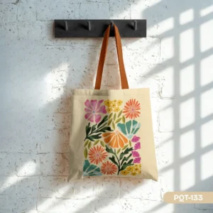 Joyful Meadow Tote Bag (PQT-133) with a vibrant folk-art floral print in pink, orange, yellow, and teal on a cream background with tan straps, hanging on a dark wood peg rail against a white brick wall with soft window light
