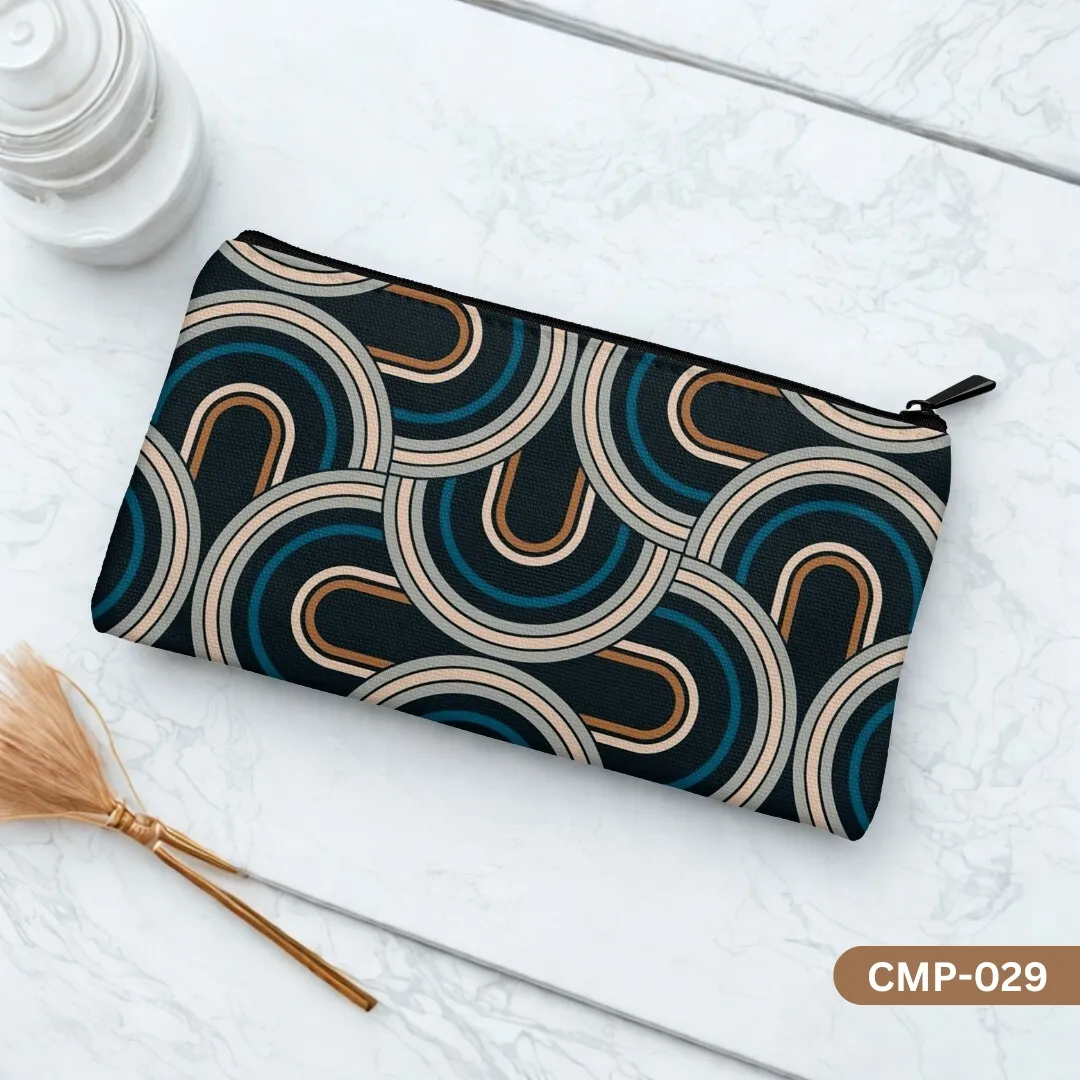 Deco Arches Makeup Pouch with a sophisticated Art Deco arches pattern in teal, copper, and beige, displayed on a white marble surface.