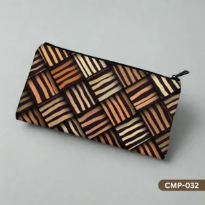 The Strata Makeup Pouch with a 3D woven, striped pattern in earthy brown and orange tones, displayed on a clean grey background.