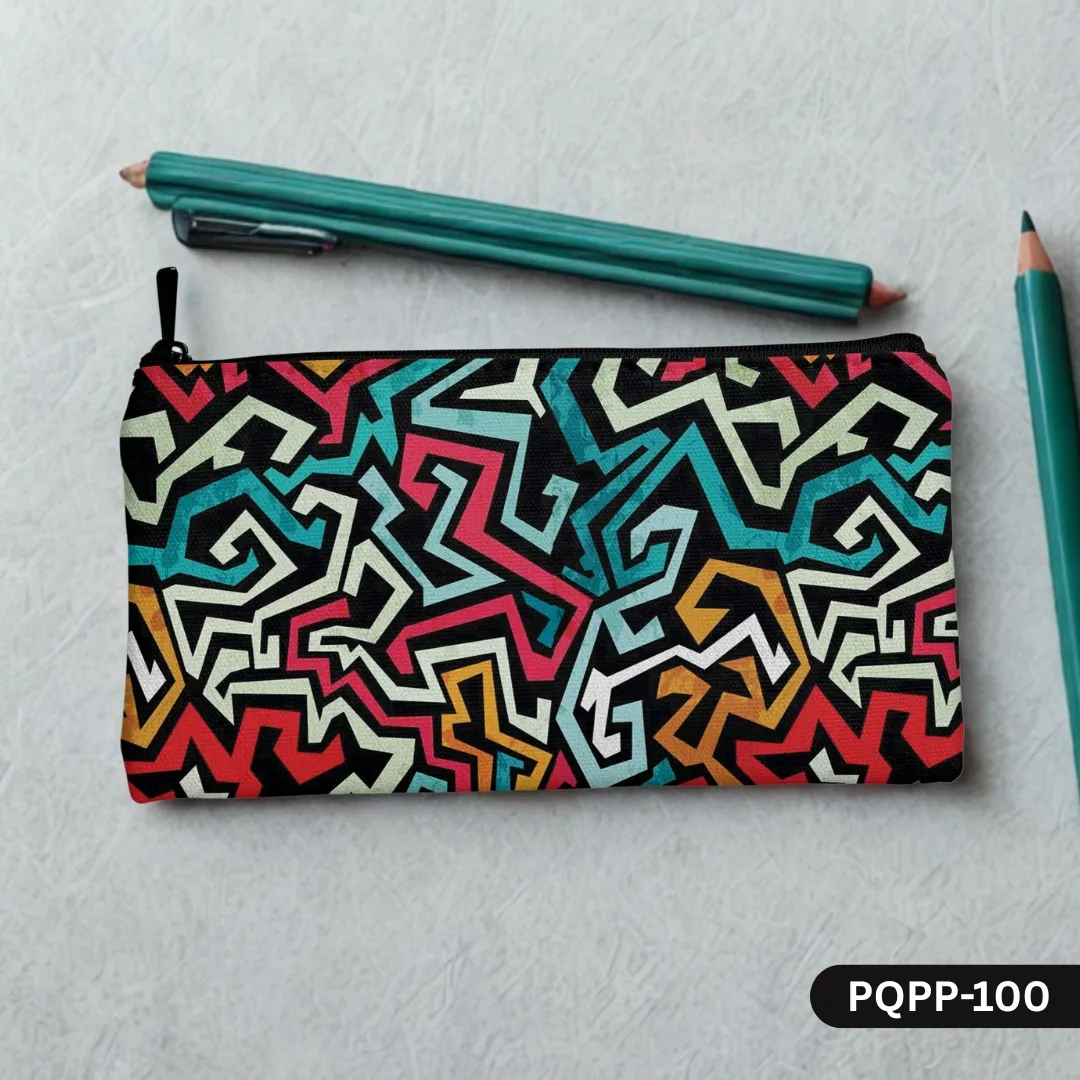 PQPP-100 Zip Zap Pencil Pouch featuring its vibrant multi-color abstract graffiti-style pattern, shown with teal pencils on a light textured background