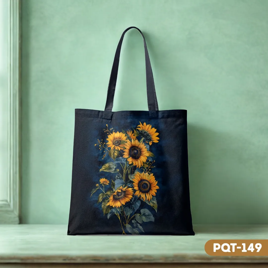 SunNoir Tote Bag (PQT-149) with a print of golden sunflowers against a dark background, displayed on a surface against a muted green wall.
