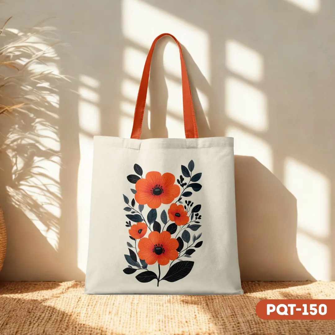 CoralBloom Tote Bag (PQT-150) with a print of vibrant coral-orange poppy-like flowers and dark leaves, featuring orange handles, set against a sunlit wall and woven mat